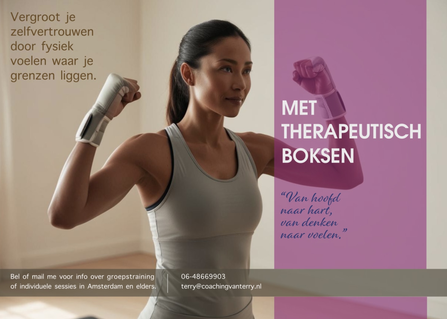 Therapeutisch Boksen: Vind Jouw Balans en Kracht  Ben je het zat om constant aan iedereen te denken en jezelf voorbij te rennen? Voel je je soms overweldigd door stress of twijfel je aan je eigen grenzen? Het is tijd om even stil te staan, op adem te komen en jezelf terug te vinden. Therapeutisch Boksen is er speciaal voor vrouwen zoals jij.  Met dit traject bied ik je geen gewone bokstraining, maar een veilige en krachtige manier om spanning los te laten, je eigen grenzen te ontdekken en sterker in je schoenen te staan. Samen gaan we niet alleen fysiek aan de slag, maar werken we ook aan je mentale veerkracht door te luisteren naar je lichaam en patronen te doorbreken.  Wat kun je verwachten?              •          Rust in je hoofd en kracht in je lijf: Ontdek hoe boksbewegingen je helpen om                            spanning los te laten.             •          Inzicht in jezelf: Door oefeningen én reflectie leer je je eigen patronen,                            grenzen en reacties beter kennen.             •          Praktische tools: Ik gebruik niet alleen beweging, maar ook creatieve                            werkvormen zoals associaties, opstellingen met poppetjes en andere                             methoden om jou inzicht en balans te geven.             •          Veerkracht opbouwen: Leer hoe je in moeilijke situaties rust bewaart en je                            grenzen bewaakt.  Voor wie is dit geschikt? Voor vrouwen die zichzelf weer willen terugvinden, beter met stress willen omgaan en willen leren om stevig en zelfverzekerd in het leven te staan.  Waarom dit traject werkt: Omdat we niet alleen praten, maar ook fysiek en creatief aan de slag gaan. Door te bewegen, te voelen en te reflecteren maak je blijvende veranderingen die je écht in je dagelijks leven kunt gebruiken.  Sta sterker in het leven – voor jezelf én voor anderen. Ontdek hoe Therapeutisch Boksen jouw balans en kracht kan versterken!